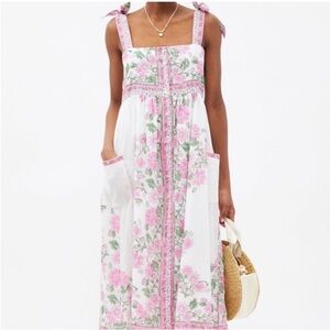 Juliet Dunn Tie Shoulder Dress With Rose Border, White and Pink size 10 / Large